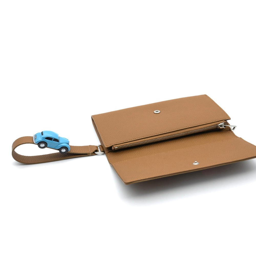 Absurde Tan Leather Wristlet Wallet with Blue Vintage Car Charm and Dust Bag‎
